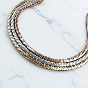 Mixed Metal Snake Chain Bracelet Gold Silver Bronze Multi-strand Layer 7.25”